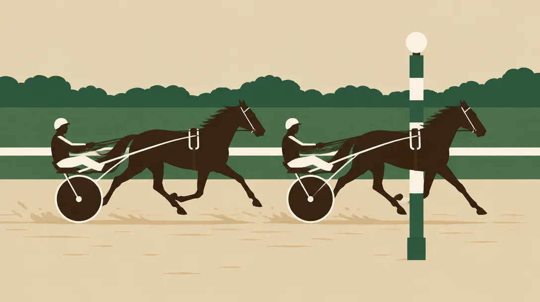 Illustration av två travekipage som passerar målstolpen